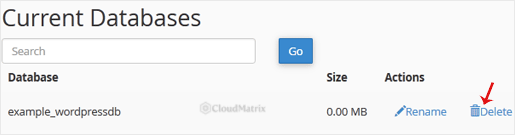 The Delete link next to a database in the Current Databases list