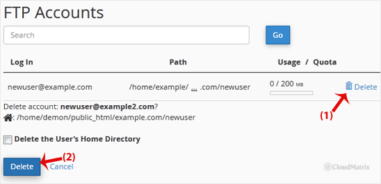 The Delete link beside an FTP account in the cPanel FTP Accounts list
