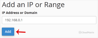 The Add an IP or Range field in the cPanel IP Blocker interface