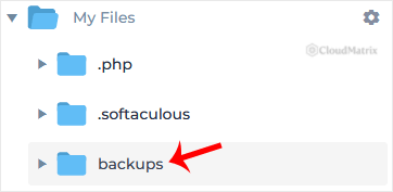 The backups directory listed in the DirectAdmin File Manager file listing