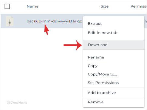 The DirectAdmin File Manager right-click context menu with the Download option highlighted for a backup archive