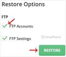 The DirectAdmin Restore Options tick boxes for selecting which parts of the backup to restore
