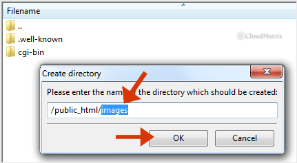 FileZilla Create directory dialogue with a new folder name typed into the name field