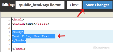 The cPanel file editor with the Save Changes button at the top