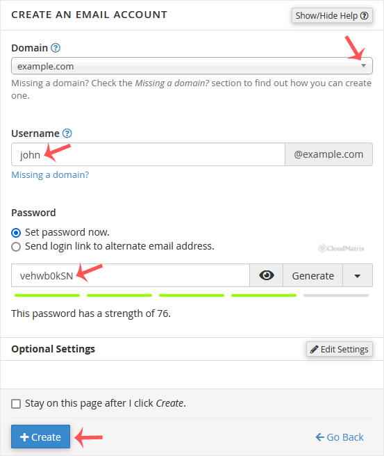 The Create an Email Account screen in cPanel showing the Domain, Username, Security and Optional Settings fields