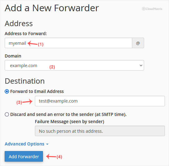 The Add Forwarder form showing the Address to Forward field and Domain drop-down list in cPanel