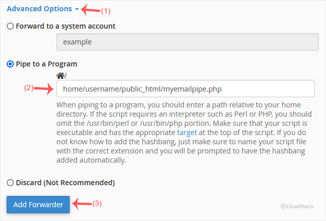 The Advanced Options section of the Add Forwarder form with Pipe to a Program selected and a script path entered in cPanel