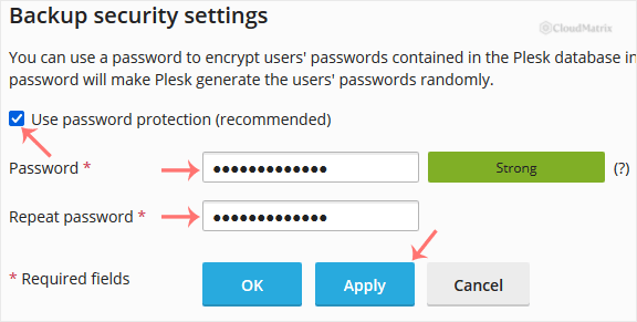 Ticking Use password protection and entering a password in Plesk