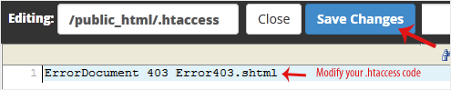 Editing the contents of the .htaccess file in the File Manager code editor