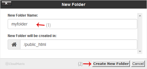 The New Folder Name dialogue box in cPanel File Manager