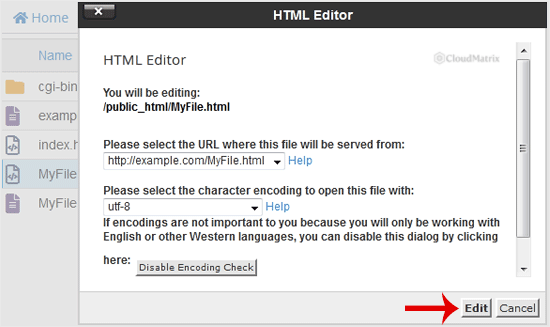 The character-encoding confirmation dialogue with the Edit button to open the editor