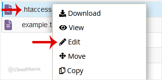 Right-click context menu on the .htaccess file with Edit highlighted