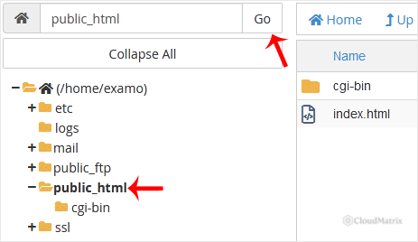 The cPanel File Manager directory sidebar with the public_html folder selected