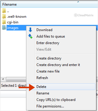 FileZilla context menu with the Delete option selected and the deletion confirmation dialogue open