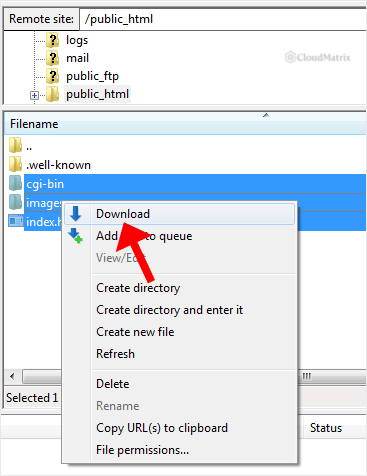 Right-click menu open on selected files in the FileZilla remote pane with the Download option highlighted