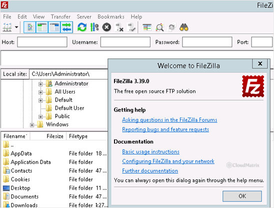 FileZilla Client main window on first launch with the Welcome to FileZilla dialog open