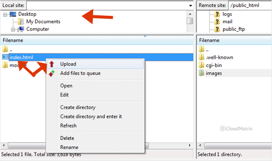 Right-clicking the index file in the FileZilla local pane and choosing Upload to send it to the server