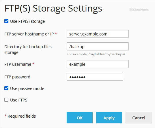 Completed FTP(S) remote storage settings form in Plesk