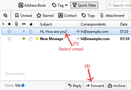 Thunderbird message list with a message selected and the Forward button highlighted in the message header