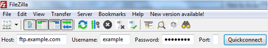FileZilla Quick Connect bar with the Host, Username, Password and Port fields filled in ready to connect
