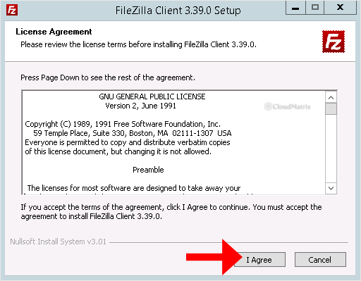 FileZilla Client setup showing the GNU General Public Licence agreement with the I Agree button highlighted