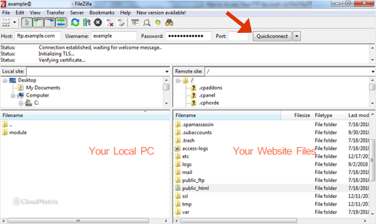 FileZilla connected to a hosting account, showing local files in the left pane and remote website files in the right pane