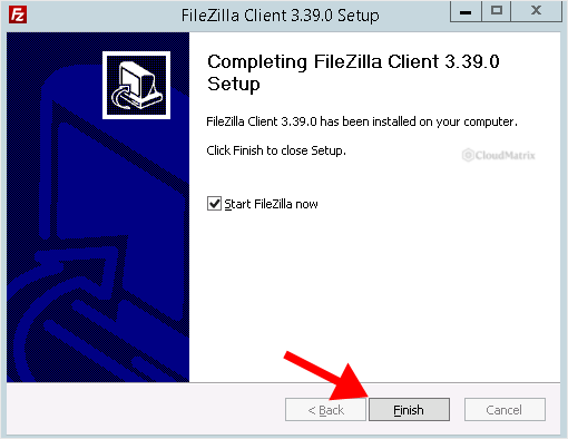 FileZilla Client setup completion screen with Start FileZilla now ticked and the Finish button highlighted