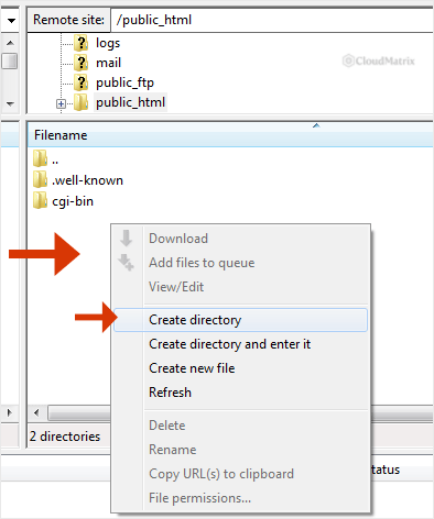 FileZilla right-click context menu in the remote pane with the Create directory option highlighted