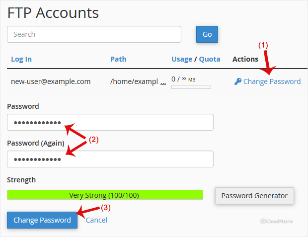 Changing the password for an existing FTP account in the cPanel FTP Accounts list