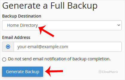The full backup configuration screen in cPanel showing Home Directory as the destination and the email notification field