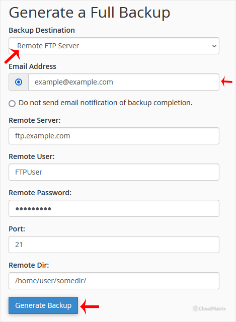 The Generate a Full Backup form in cPanel configured for a Remote FTP Server destination