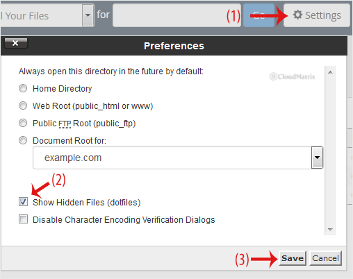 The Show Hidden Files (Dotfiles) option ticked in the File Manager settings dialog