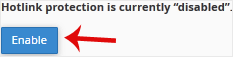 The Hotlink Protection page in cPanel showing the Enable button while protection is disabled
