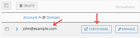 The list of email accounts in cPanel showing the newly created mailbox under the Account @ Domain column