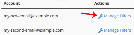 The Manage Filters button next to an email account under Filters by Users