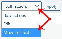 WordPress Bulk actions dropdown open with Move to Trash selected and the Apply button beside it