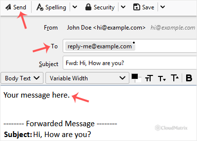 Thunderbird compose window showing a forwarded message with the Fwd subject prefix and the quoted original below