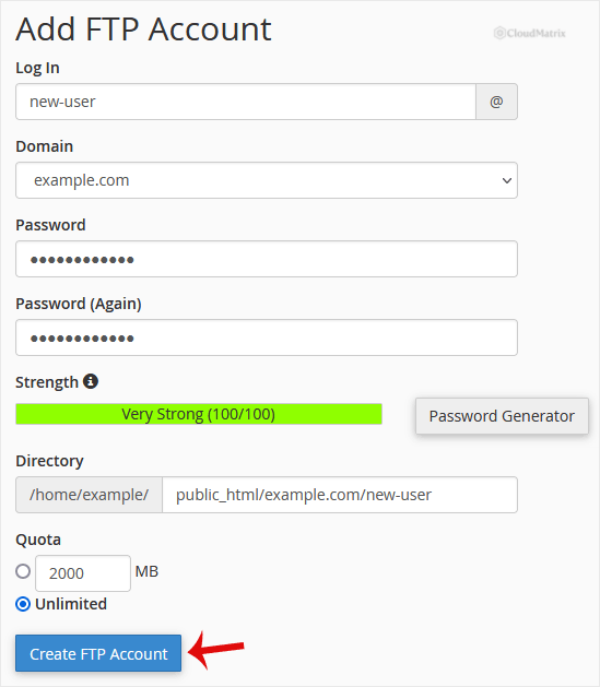 The Add FTP Account form in cPanel showing the Log In, Domain, Password, Directory and Quota fields