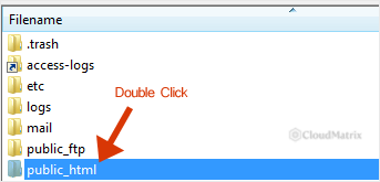 Double-clicking the public_html directory in the FileZilla remote file pane to open it