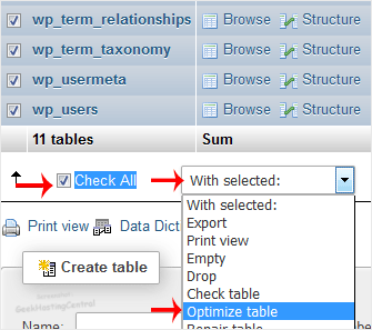 The Check all option and the With selected drop-down set to Optimize table on the phpMyAdmin Structure page