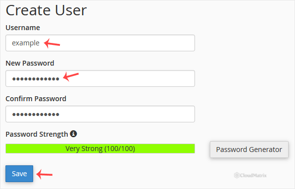 Create User form with username, password fields and the Password Generator