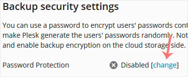 Password Protection shown as Disabled with a Change link in Plesk backup settings