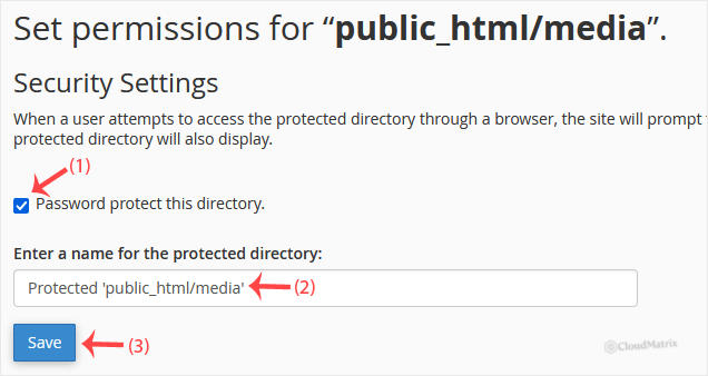 Security Settings panel with the Password protect this directory checkbox and Save button