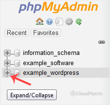 Expanding a database in the phpMyAdmin navigation tree in the left sidebar to reveal its tables