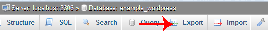 The Export tab in the phpMyAdmin toolbar for the selected database