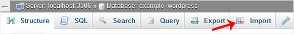 The Import tab in the phpMyAdmin top menu bar, alongside Structure, SQL, Search, Query and Export