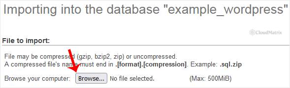 The File to import section of the phpMyAdmin Import tab, showing the Browse button and the maximum upload size