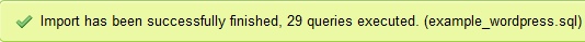 The green phpMyAdmin banner reading Import has been successfully finished, 29 queries executed
