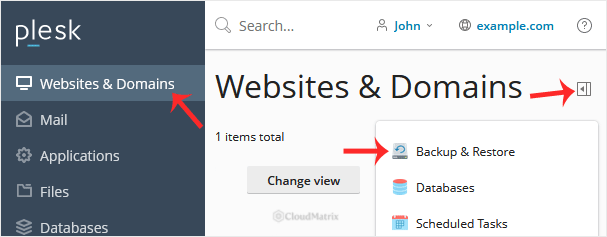 Plesk Websites and Domains page with the Backup and Restore option highlighted