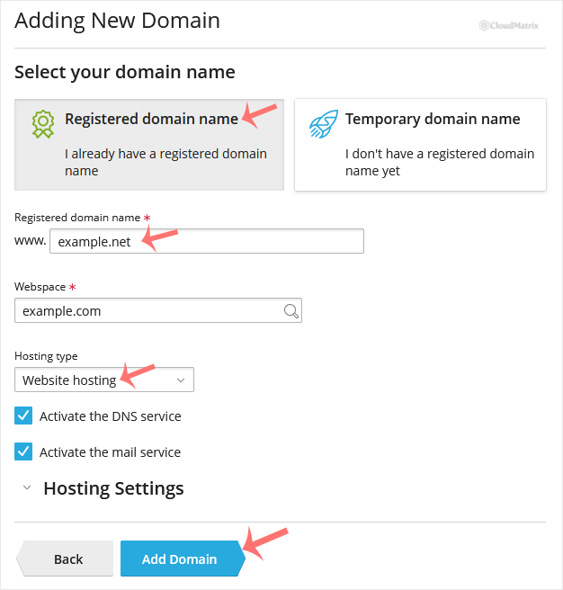 The Adding New Domain form showing the domain name, registered domain name, and hosting type fields